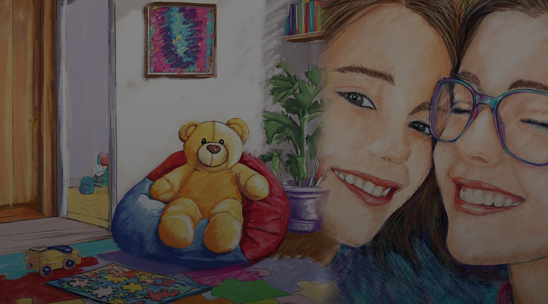illustration of sibling sisters and a illustration of a room with a teddy bear and beanbag